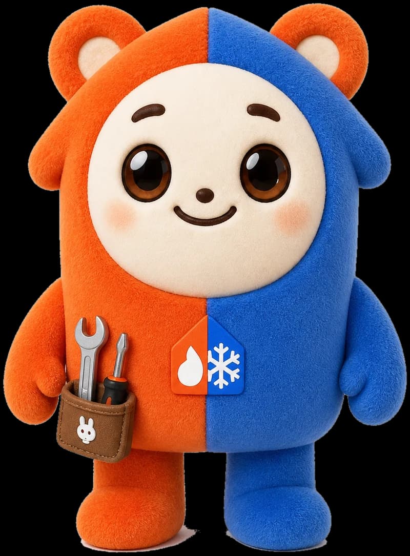 Cozi, the Cozy Home mascot: a plush character split warm on one side and cool on the other, carrying a small toolbelt