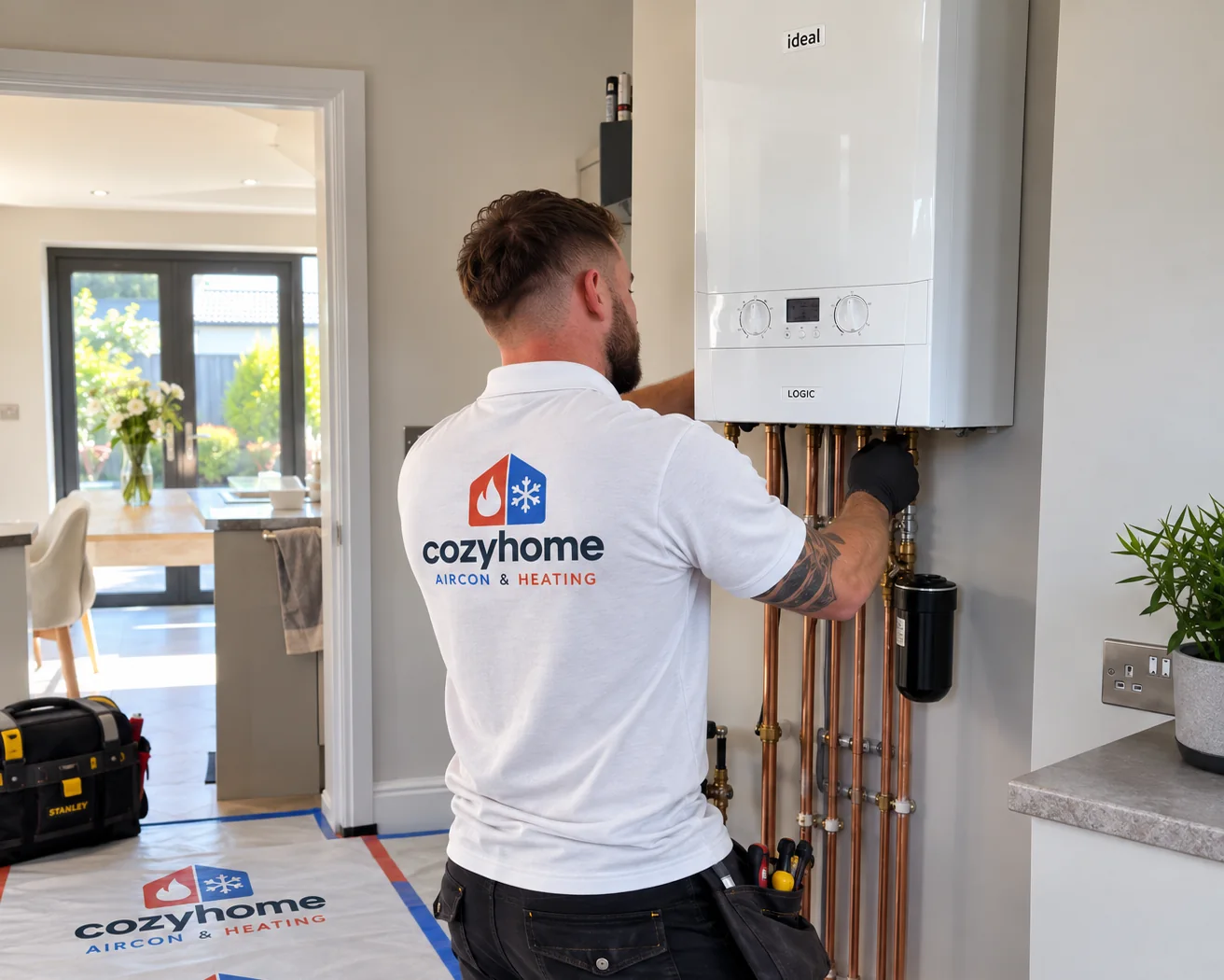 Cozy Home engineer fitting an Ideal Logic combi boiler on a kitchen wall, with new copper pipework and a magnetic filter below