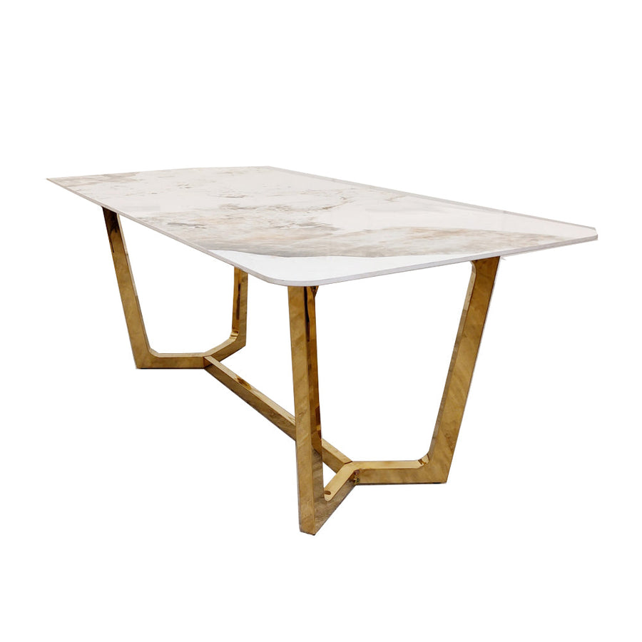 Lucien 1.8 Gold Dining Table with Pandora Gold Sintered Stone Top x 4 or 6 Etta Cream Chairs