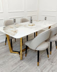 Lucien 1.8 Gold Dining Table with Pandora Gold Sintered Stone Top x 4 or 6 Astra Cream Chairs