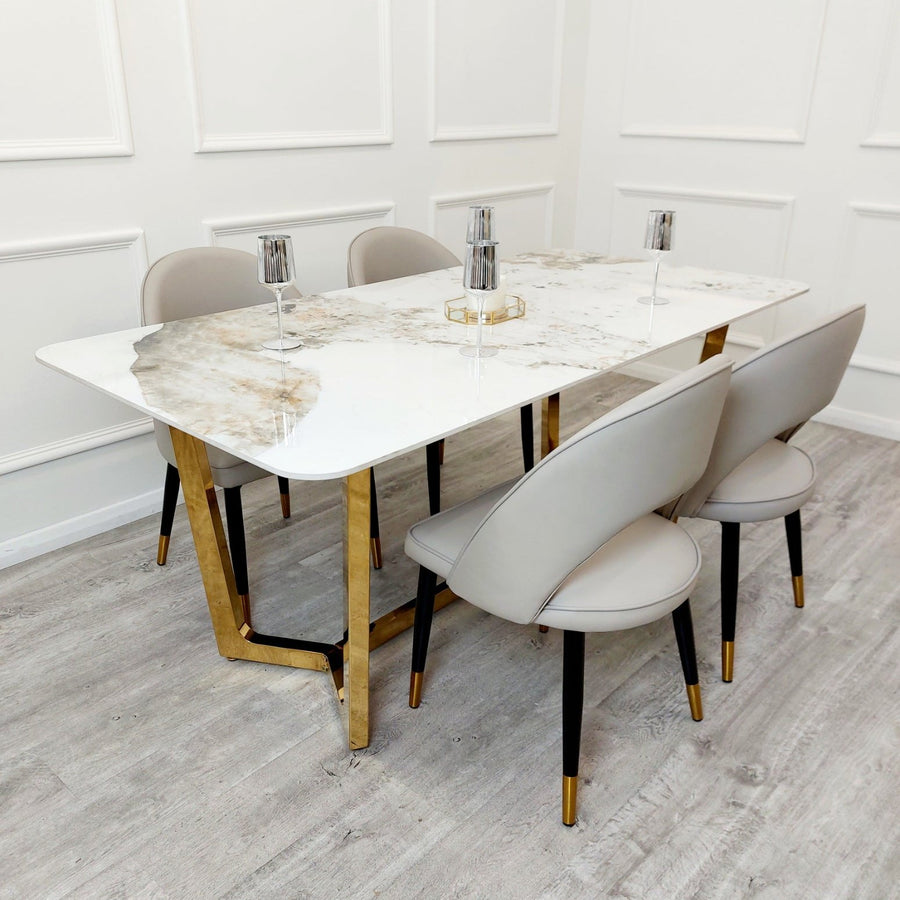 Lucien 1.8 Gold Dining Table with Pandora Gold Sintered Stone Top x 4 or 6 Astra Cream Chairs