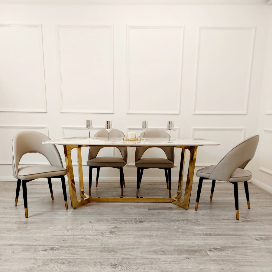 Lucien 1.8 Gold Dining Table with Pandora Gold Sintered Stone Top x 4 or 6 Astra Cream Chairs