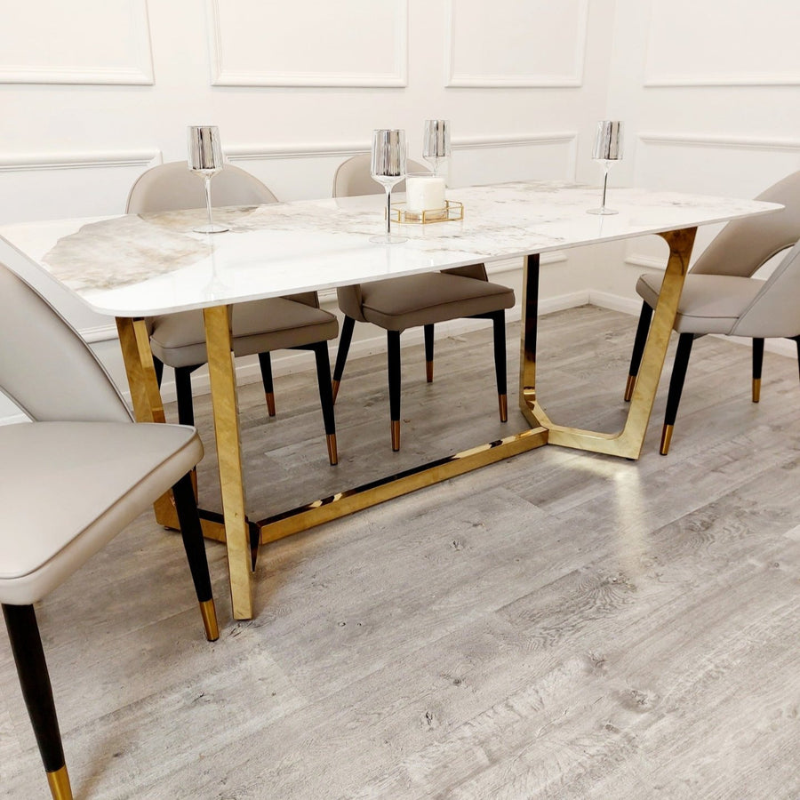 Lucien 1.8 Gold Dining Table with Pandora Gold Sintered Stone Top x 4 or 6 Astra Cream Chairs