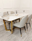 Lucien 1.8 Gold Dining Table with Pandora Gold Sintered Stone Top x 4 or 6 Etta Cream Chairs