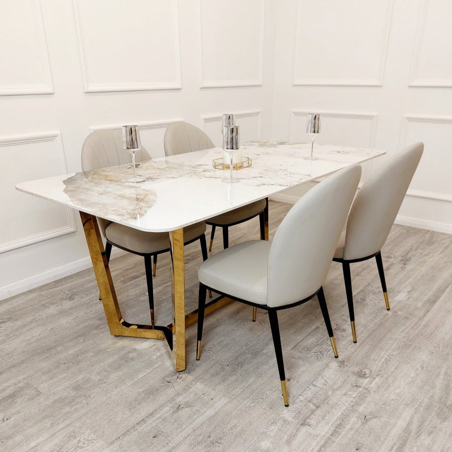 Lucien 1.8 Gold Dining Table with Pandora Gold Sintered Stone Top x 4 or 6 Etta Cream Chairs