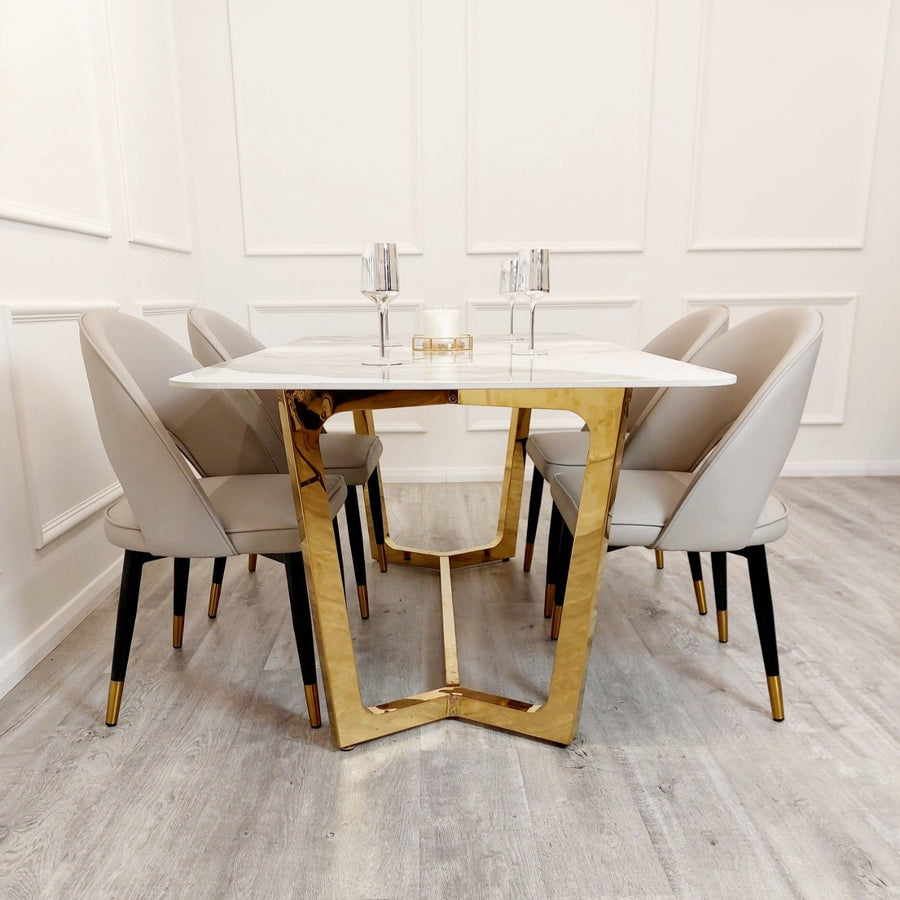 Lucien 1.8 Gold Dining Table with Pandora Gold Sintered Stone Top x 4 or 6 Astra Cream Chairs