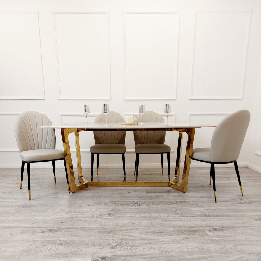 Lucien 1.8 Gold Dining Table with Pandora Gold Sintered Stone Top x 4 or 6 Etta Cream Chairs