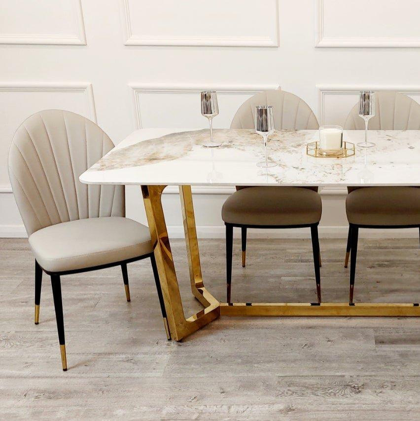 Lucien 1.8 Gold Dining Table with Pandora Gold Sintered Stone Top x 4 or 6 Etta Cream Chairs