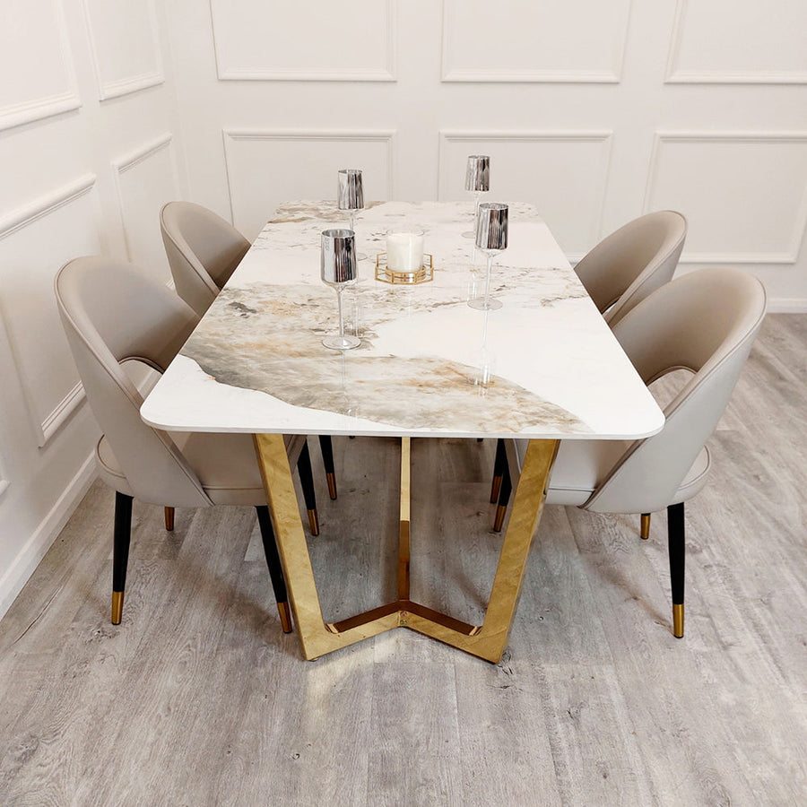 Lucien 1.8 Gold Dining Table with Pandora Gold Sintered Stone Top x 4 or 6 Astra Cream Chairs