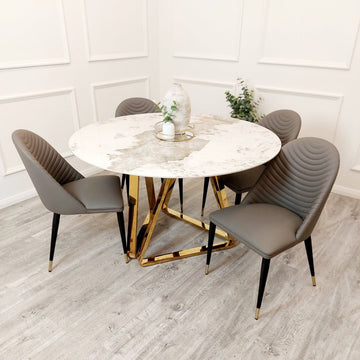 Nero Gold 1.3 Round Dining Table with Sintered Stone Top x 4 Alba Grey Chairs